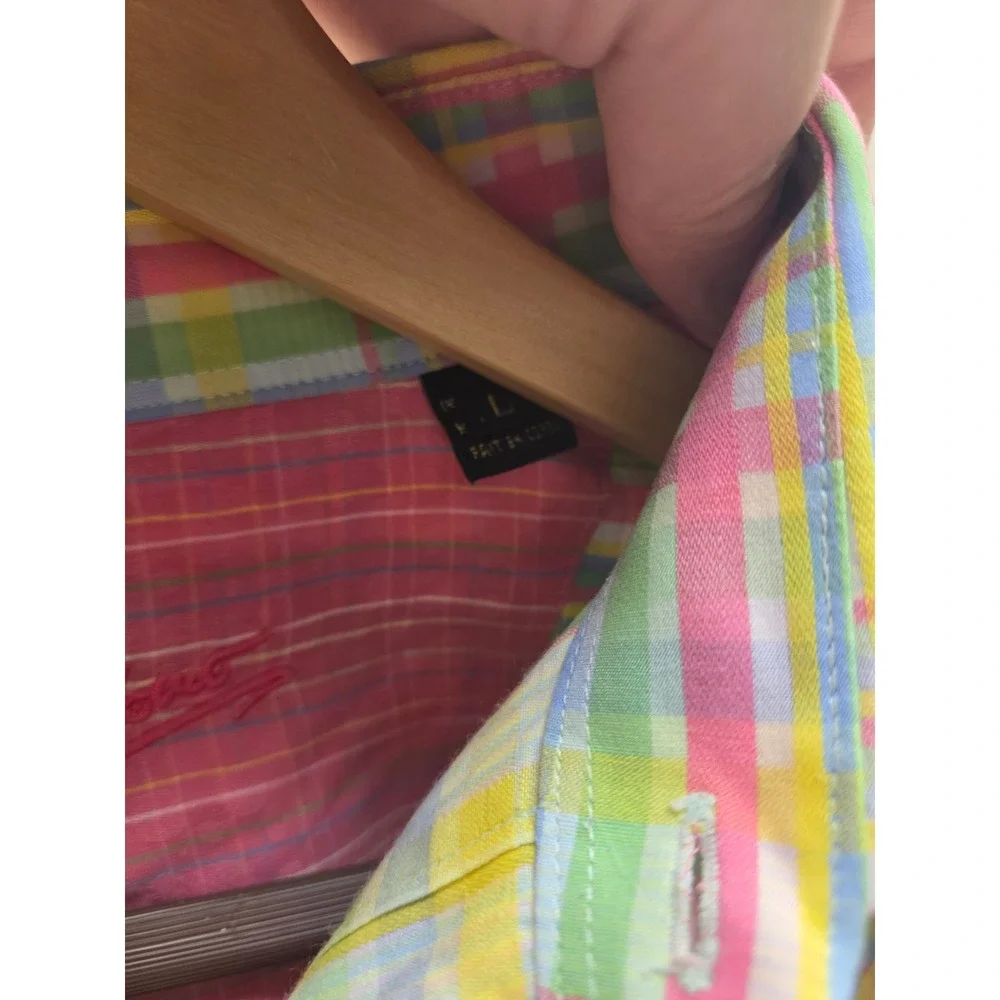 Bugatchi Uomo Mens Large Pastel Plaid Button Down Shirt Long Sleeve Cotton Multi